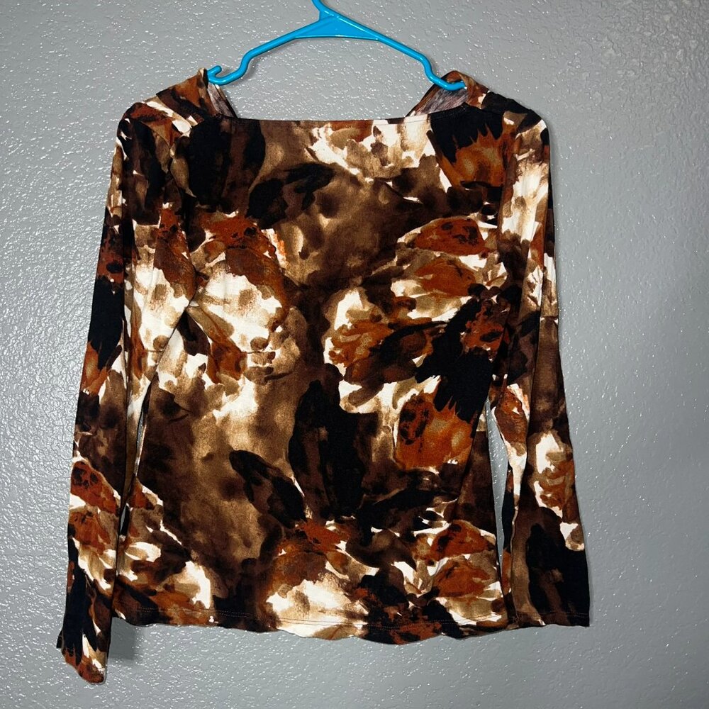 Apt. 9 Petite Small Brown Abstract Print Long Sleeve Cowl Neck Top PS - Picture 2 of 5